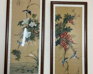 Framed Asian Floral and Bird Wall Art Pair