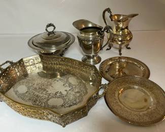 Silver Plate Serving Tray Platters and Pitchers