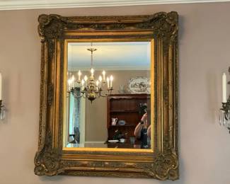 Ornate Gilt Wall Mirror with Matching Crystal Wall Sconces