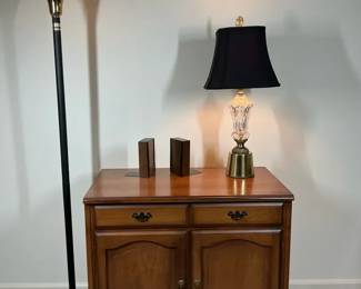 Wood Accent Cabinet with Floor Lamp Table Lamp and Bookends