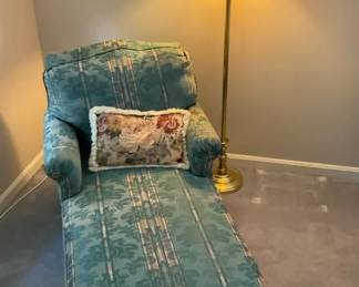 Upholstered Chaise Lounge with Brass Floor Lamp