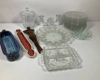 Glass Serveware with Pottery and Carved Figure