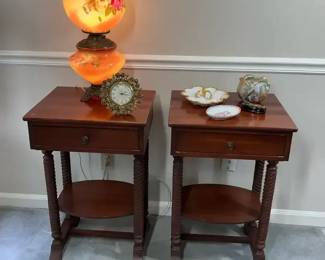 Pair of Barley Twist End Tables with Floral Glass Lamp