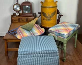 Primitive Milk Can Clock Bench and Accent Pieces