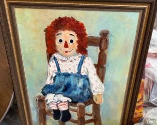 Vintage Rare, Original Signed Oil on Canvas Raggedy Ann Painting