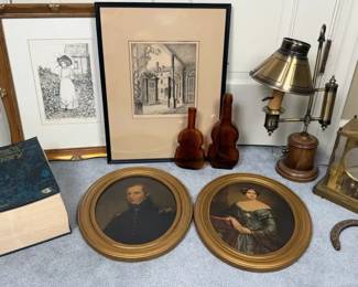 Brass Desk Lamp with Framed Art and Home Accents