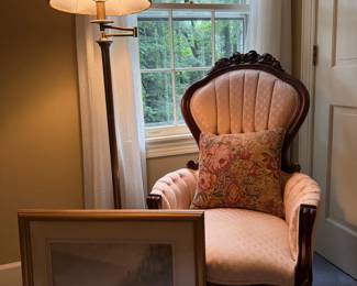 Victorian Style Accent Chair Floor Lamp and Framed Print