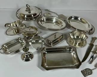 Silver Plated Serving Pieces with Trays, Covered Dishes  Utensils