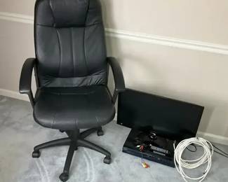 Leather Office Chair Monitor Blu Ray Player and Cables