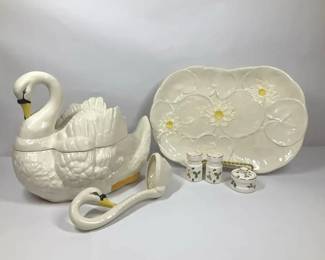 Ceramic Swan Tureen, Deviled Egg Platter and Serveware