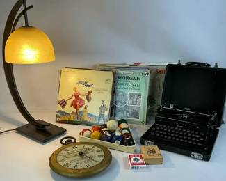 Vintage Home Dcor with Rotary Phone Typewriter Records and Table Lamp
