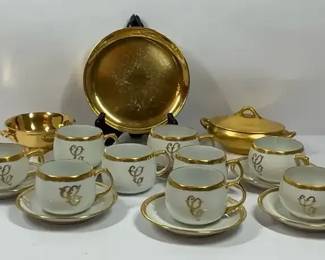 Vintage Monogrammed Demitasse Set With 22K Gold Accent Pieces