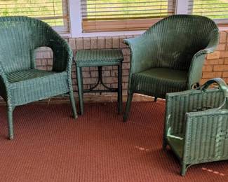 4 Pc Vintage Green Wicker Set