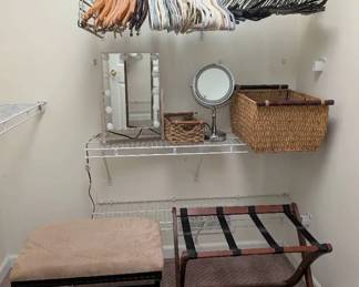 Vanity Bench, 2 Makeup Mirrors, Hangers, Etc