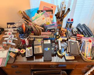 misc. desk tools, paint brushes
