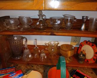 Glassware, Vinegar Cruet, sugar/creamer, bells, etc