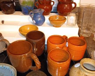 Pottery Mugs, lids, creamer, sugar etc