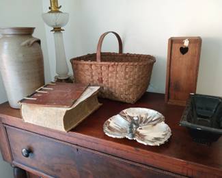 Basket, Primitve Box, Pottery Churn, etc