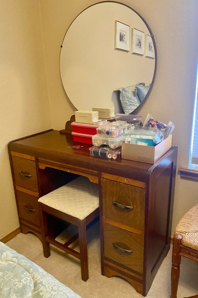 Vintage Art Deco Waterfall Vanity Desk W/ Mirror and Seating