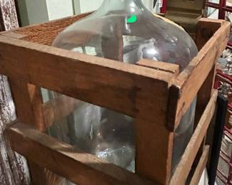 Vintage 5 gallon bottle with wood crate: Industrial home decor