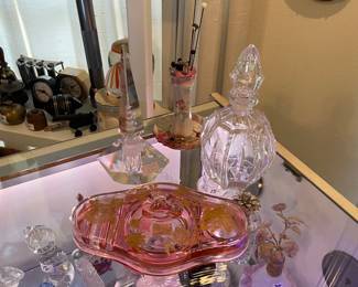 Antique dresser, box and cut glass perfume bottle