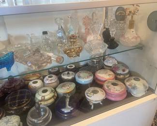 Perfume bottles, glass dresser boxes