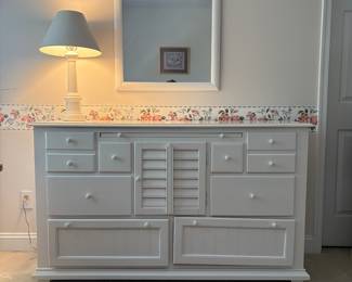 C20 - $225. Broyhill Seabrooke Dresser and Mirror. Measures 58" wide x 19.75" deep x 35" tall.