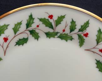 C104 - $110. Lenox Holiday China Set. 12 - 8" plates. 12 - drinking glasses. 1 cookie jar, vase, serving bowl, serving plate, 11.75" serving plate, 10.5" serving plate, 8" serving plate, 1 candle holder.