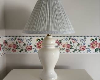 C59 - $30. PAIR of White Table Lamps. Measures 22" tall. Shades are in ok condition.