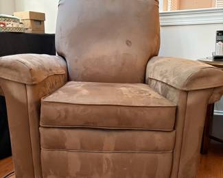 C82 - $30. Brown Suede Barca Lounger Swivel Recliner. Fair Condition. Not broken but leans. Measures 38" wide x 36" deep x 38" tall.