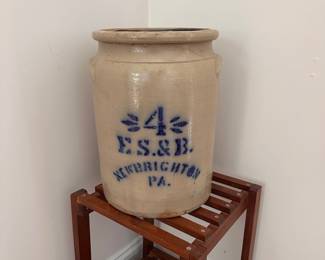 C1 - $200. Antique 4 Gallon Stoneware Crock. E.S. & B. New Brighton PA. (Elverson, Sherwood, and Barker, operated this pottery firm between 1881 and 1890. No major issues noted.
