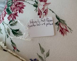 C55 - $40. Waverly Full/Queen Comforter + 4 Pillows in Norfolk Rose Pattern. Shown on Twin Bed. 2 Pillowcases, bed skirt & fitted sheet.