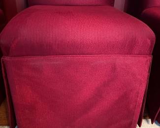 C28 - $100. Set of 6 Upholstered Dining Chairs from Sofa's & Such. 2 have sun fading and some have discoloration spots. Measures 19.25" wide x 21" deep. Floor to seat is 17.5". Floor to top of back is 36".