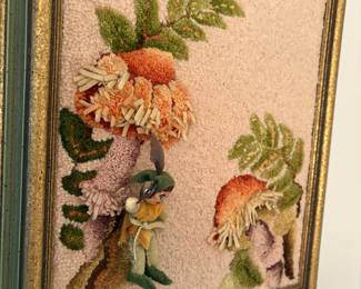 C17 - $30. 3D Textile Art. Measures 14" x 15" framed. 1968 County Fair Ribbon Attached.