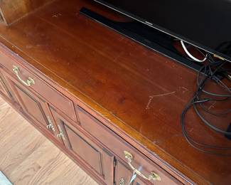 C3 - $150 for the pair. Pennsylvania House TV Cabinet. Moves in 2 pieces. (willing to split if I have interest) Larger part holding the TV is 48" wide x 24" deep x 88" tall. (TV space measures 37.5" x 43" tall and is currently holding a 40" TV.) Smaller cabinet with adjustable glass shelves measures 36" wide x 18" deep x 78" tall.