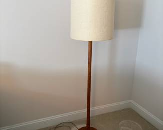 C33 - $175. MCM Teak Wood Base Floor Lamp. Measures 60" tall. Has original shade that is in fair condition.
