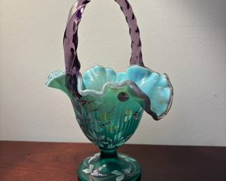 C66 - $75. Fenton New Century XXI Collection 10" Amethyst & Green Flower Dragonfly Basket. No issues noted.