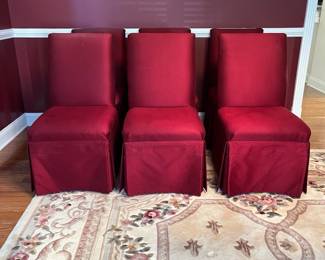 C28 - $100. Set of 6 Upholstered Dining Chairs from Sofa's & Such. 2 have sun fading and some have discoloration spots. Measures 19.25" wide x 21" deep. Floor to seat is 17.5". Floor to top of back is 36".