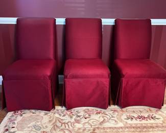 C28 - $100. Set of 6 Upholstered Dining Chairs from Sofa's & Such. 2 have sun fading and some have discoloration spots. Measures 19.25" wide x 21" deep. Floor to seat is 17.5". Floor to top of back is 36".