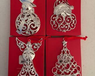 C83 - $40. LOT of 12. Lenox Sparkle & Scroll Silverplate Ornaments. 8 from the same collection, 4 from a different one. All in original boxes & packaging.