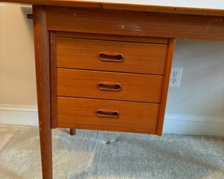 C18 - $650. Arne Vodder for H. Sigh & Sons. Teak Drop Leaf Writing Desk. Measures 48" x 23.5" x 28" tall. (65" with leaf up) Needs minor repairs and has light surface blemishes.