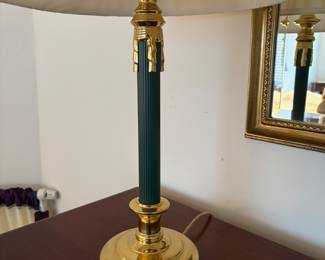 C50 - $50. PAIR of Brass Lamps with Emerald Green Poles. Measures 27" tall.