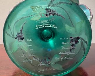 C66 - $75. Fenton New Century XXI Collection 10" Amethyst & Green Flower Dragonfly Basket. No issues noted.