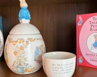 C51 - $40. 10 Piece Beatrix Potter / Peter Rabbit LOT. Cross Stitch, music box, Beswick Figurine, Royal Albert, Wedgwood, etc.