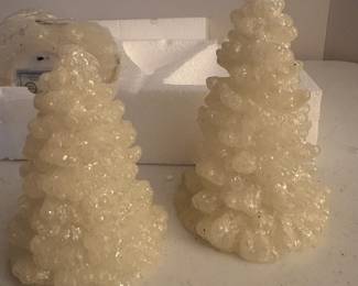 C67 - $30. Valerie 5 White Glitter Lighted Trees, have a timer, in original box, never used. Trees are 5.5" -8".