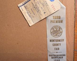 C17 - $30. 3D Textile Art. Measures 14" x 15" framed. 1968 County Fair Ribbon Attached.