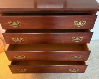 C34 - $125. 4 Drawer Wood Night Stand / Small Dresser. Measures 36" wide x 21" deep x 34" tall. No brand. Good condition. Has one minor ding in the top and some surface scratches.