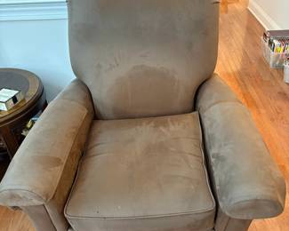 C81 - $10. Brown Suede Barca Lounger Swivel Recliner. Fair Condition. Seat spring and left arm are broken. Measures 38" wide x 36" deep x 38" tall.