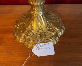C26 - $50. Pair of Vintage Brass Candle Holders with tall glass hurricane shades. Measures 9.25" wide x 27.25' tall.