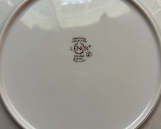 C104 - $110. Lenox Holiday China Set. 12 - 8" plates. 12 - drinking glasses. 1 cookie jar, vase, serving bowl, serving plate, 11.75" serving plate, 10.5" serving plate, 8" serving plate, 1 candle holder.